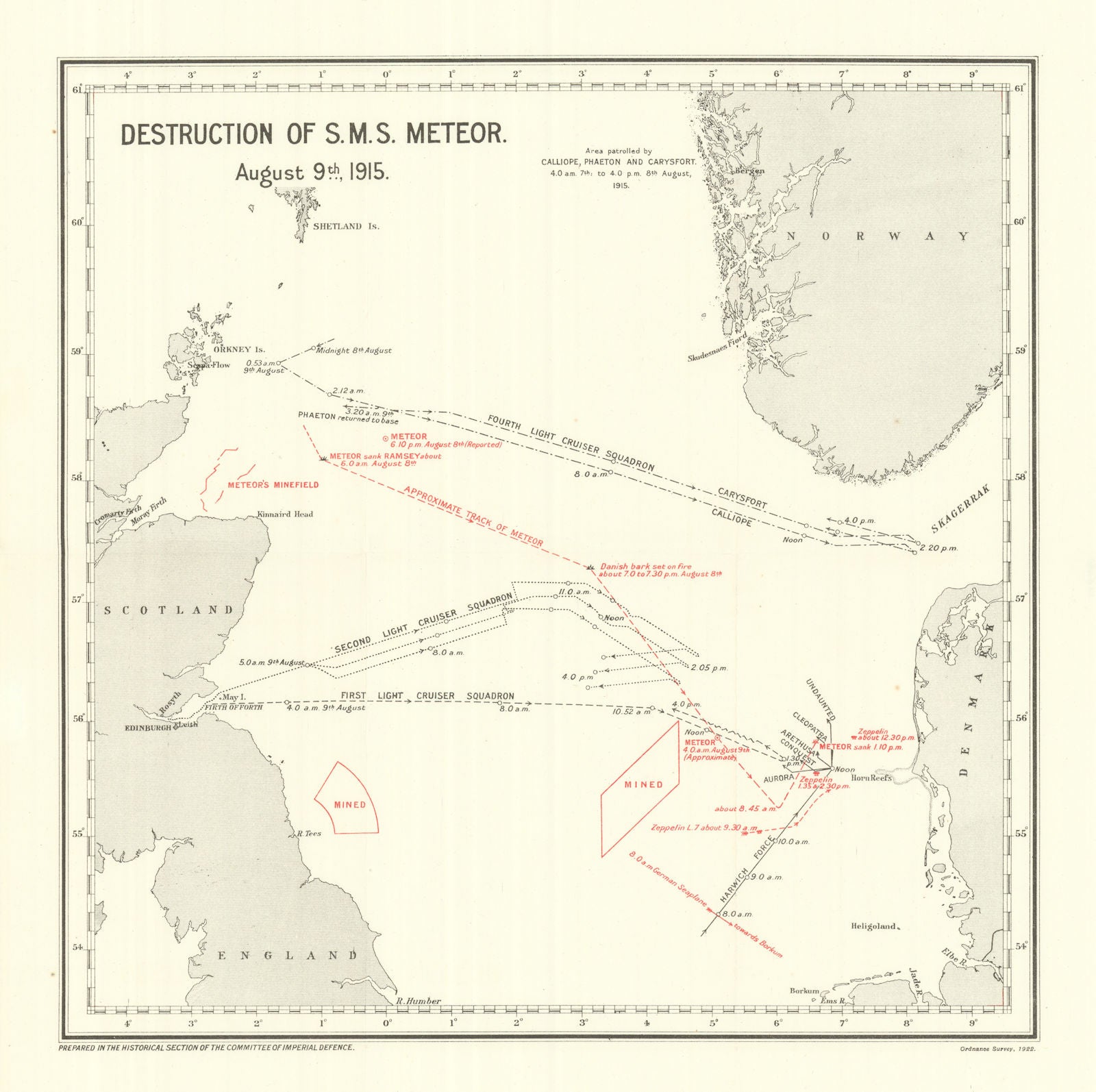Destruction of S.M.S. Meteor August 9th 1915. Blockade of Germany. WW1. 1923 map